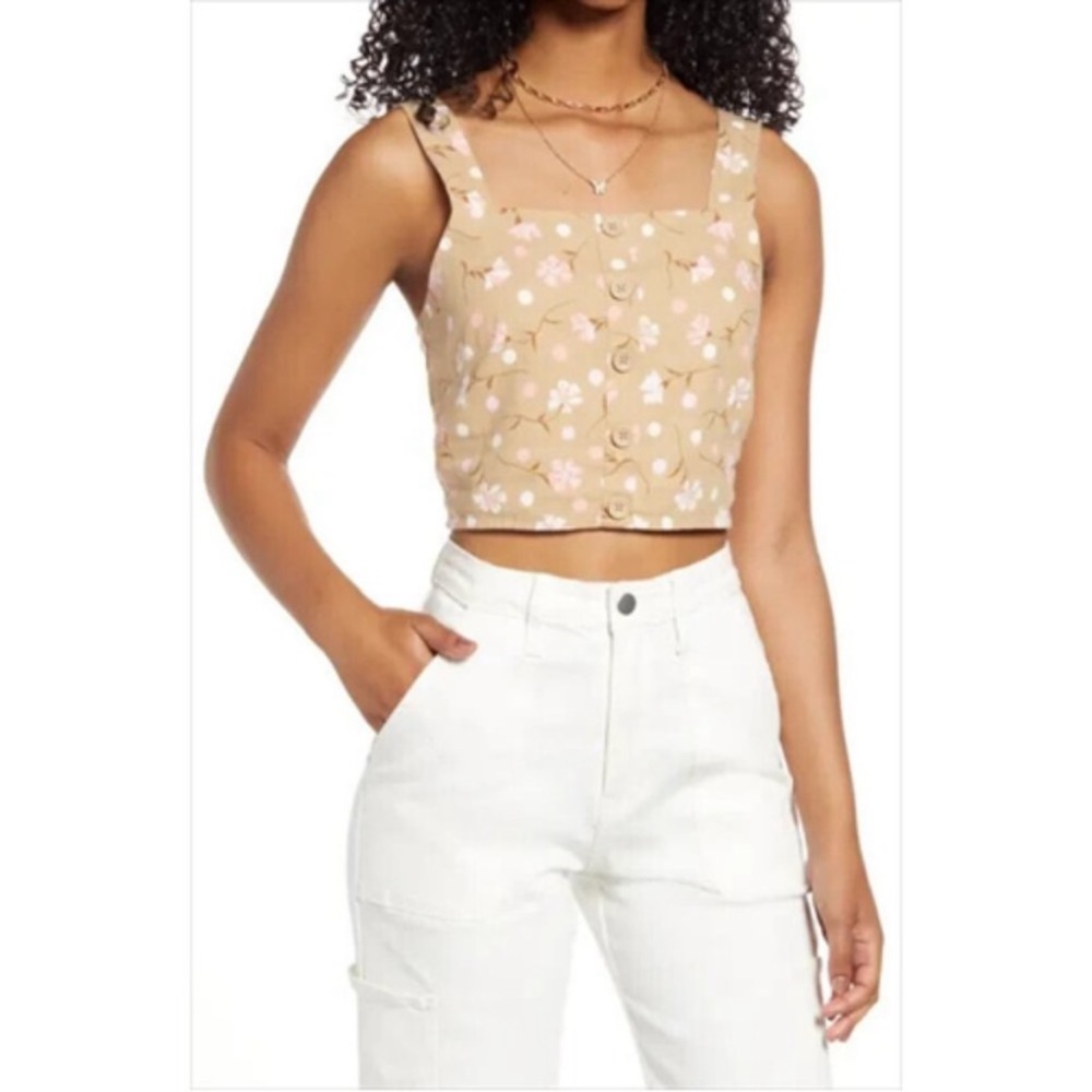 New BP Floral Crop Linen Blend Tank XS